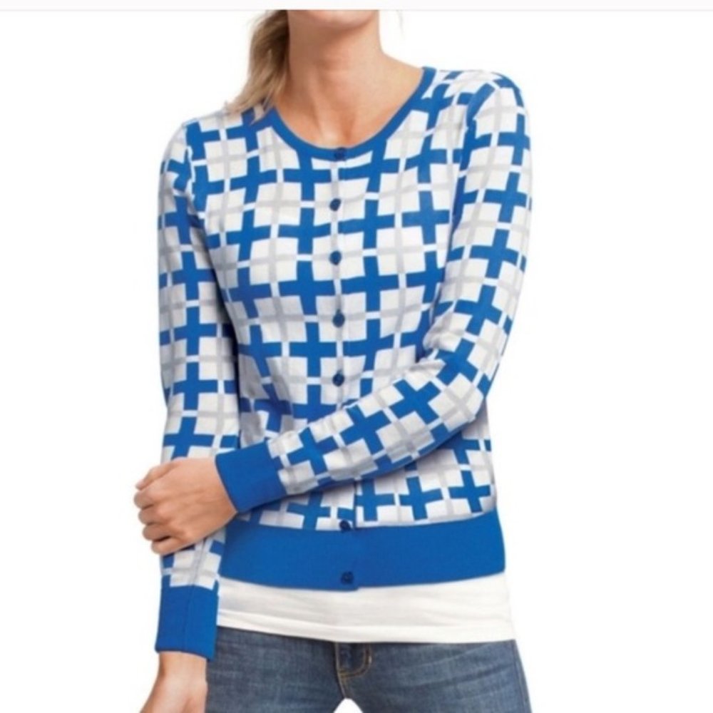 CAbi Framed Cardigan Sweater White/Blue/Gray Sz S